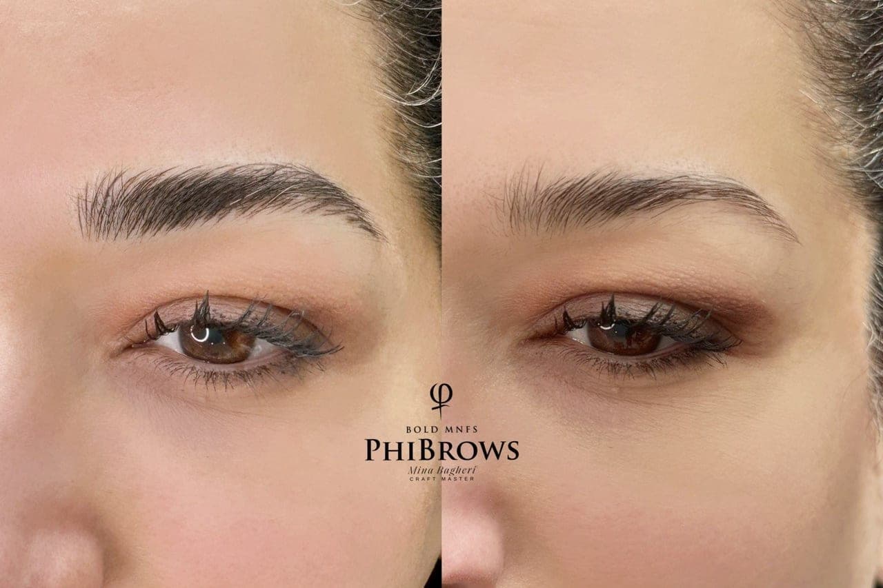 Before and after NanoBlading at Miba Brows & Beauty in Calgary, shown side by side: fine hair strokes filling out the brow while keeping its natural shape
