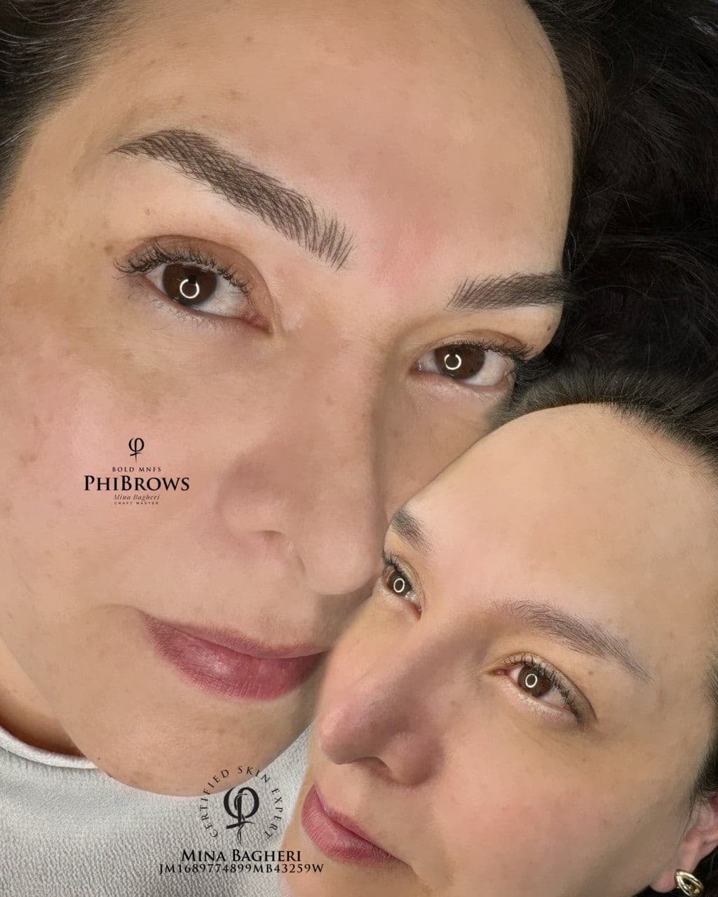 Before and after NanoBlading: sparse, uneven brows rebuilt with individual hair strokes that follow the client's own growth pattern