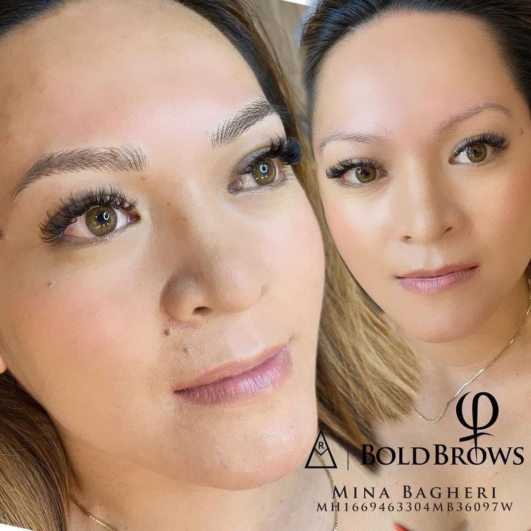Before and after NanoBlading on light brows, with hair strokes adding density through the arch and tail