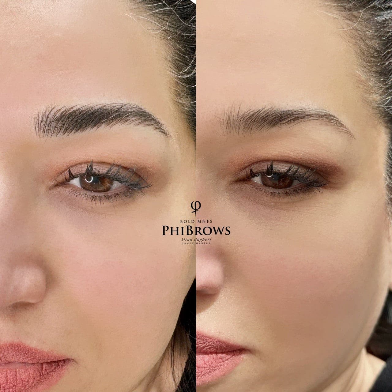 Before and after permanent brows shown side by side at the same angle, with the shape evened out across both brows