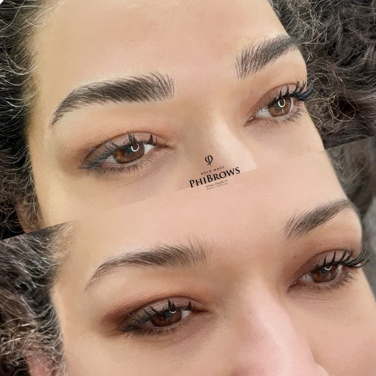 Before and after permanent brows with a softly filled, groomed finish photographed in the same light